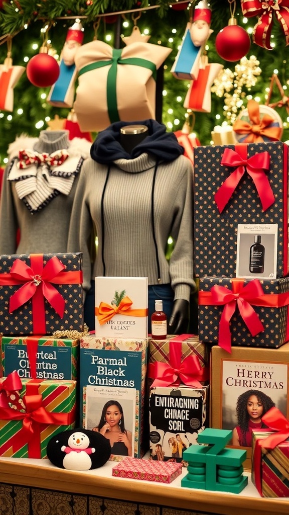 A collection of Christmas gifts for black teenage girls, including clothing, beauty products, and books, beautifully arranged with holiday decorations.